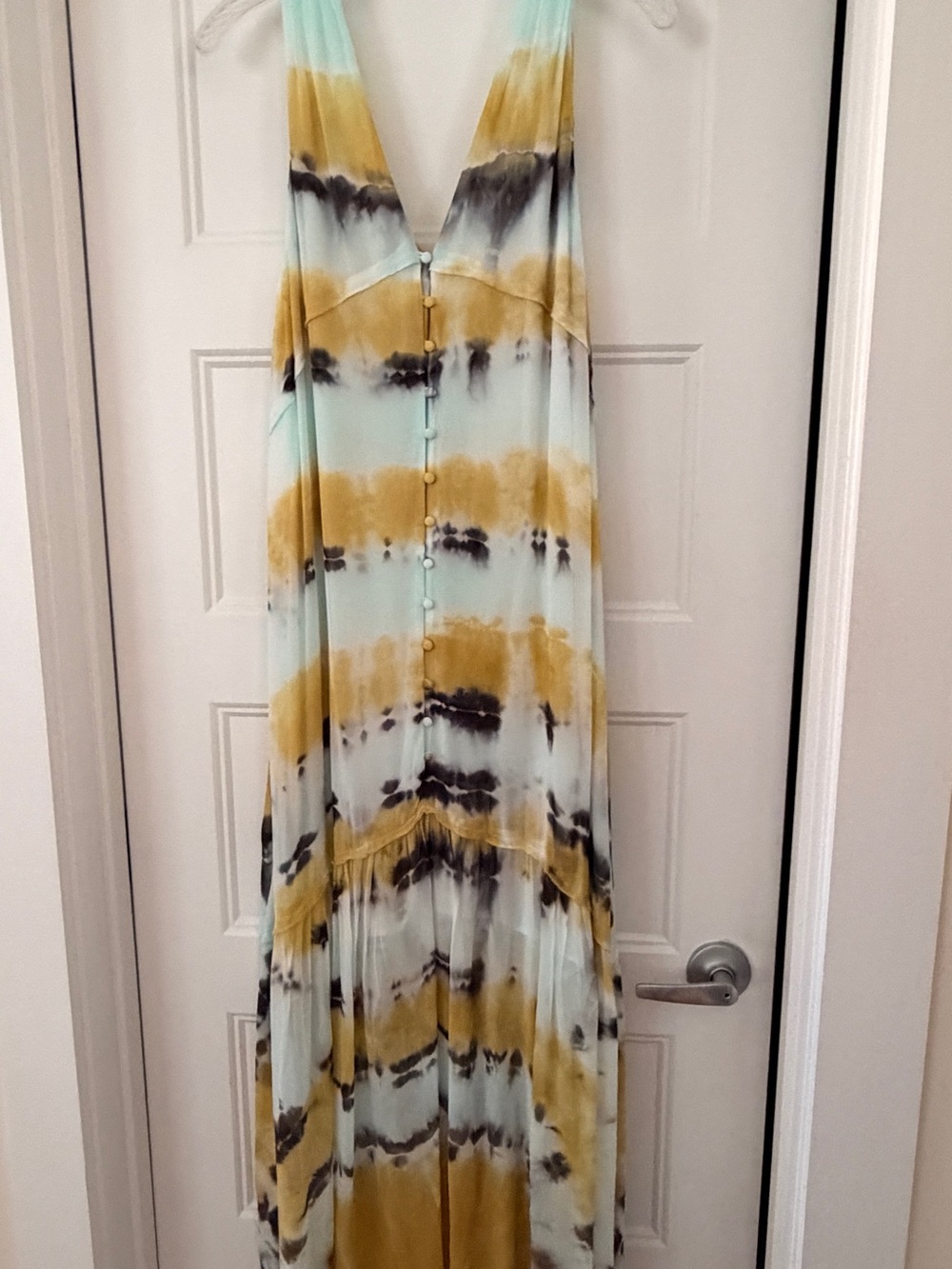 V-Neck Tie-Dye Maxi Dress in Mint, Mustard & Black